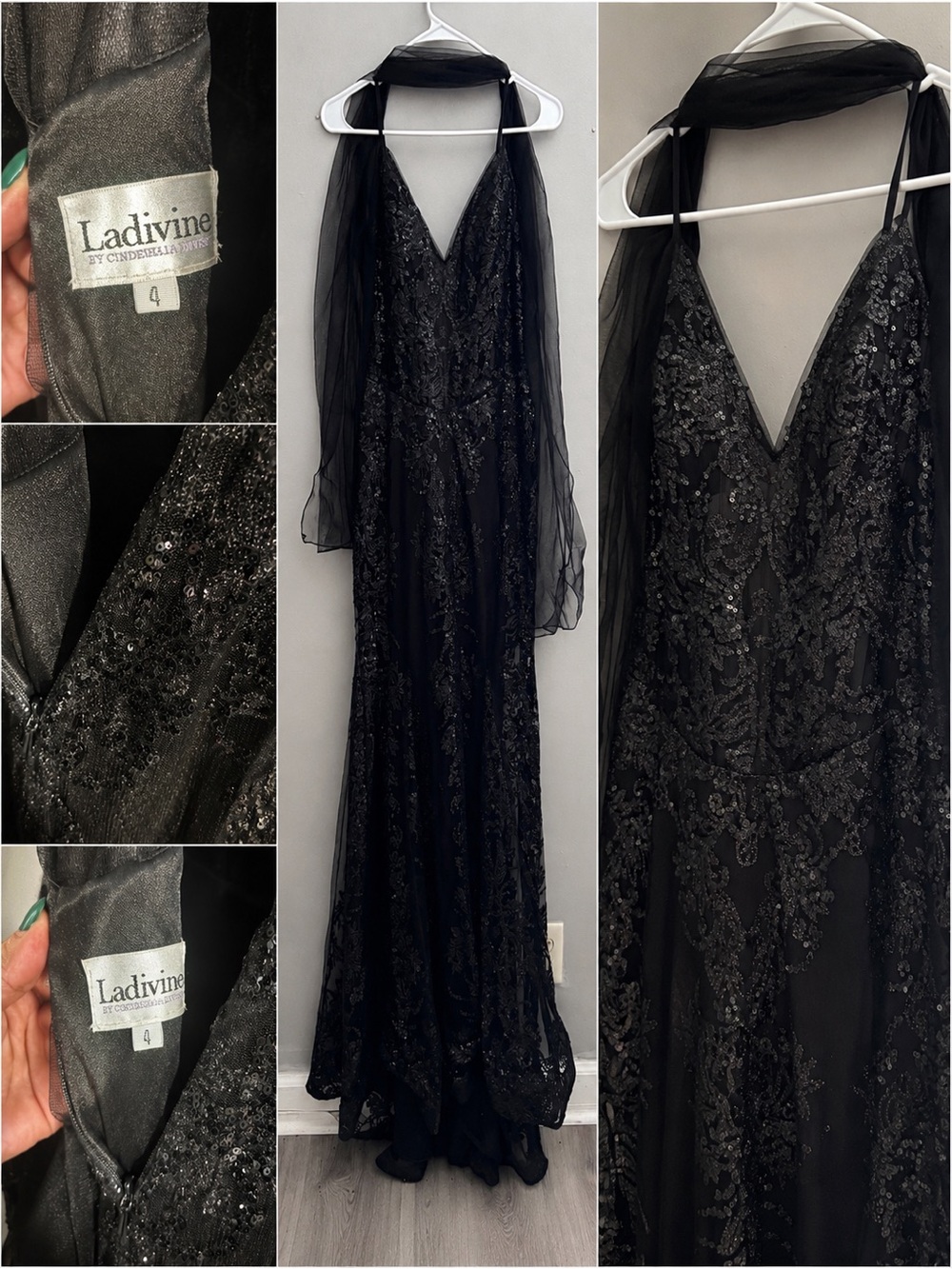 Black Sequin V-Neck Evening Gown with Sheer Scarf